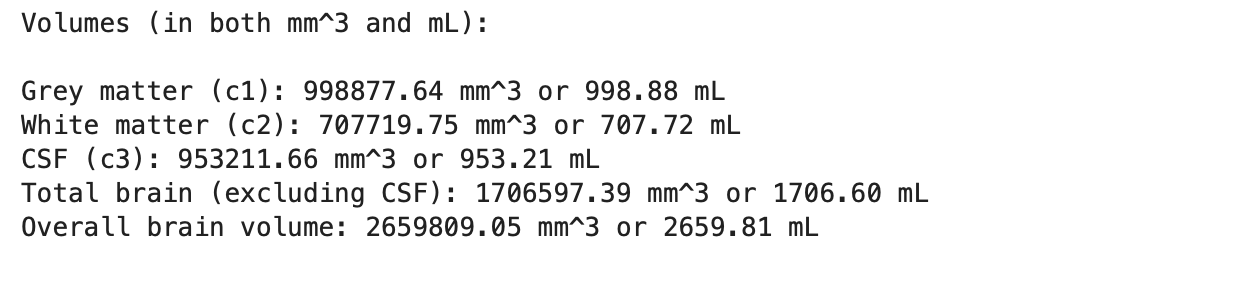 Brain Volume Analysis output